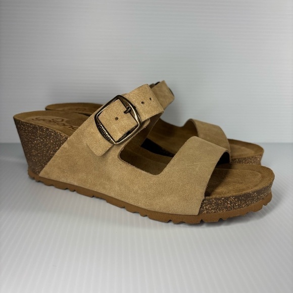 Yokono Sandals Womens 8 Leather Sandals Slip On Cork Wedge Buckle Vacation NEW - Picture 2 of 7